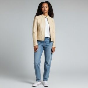 Vintage Beige Leather Biker Jacket – Women’s Size Small – Made in Italy